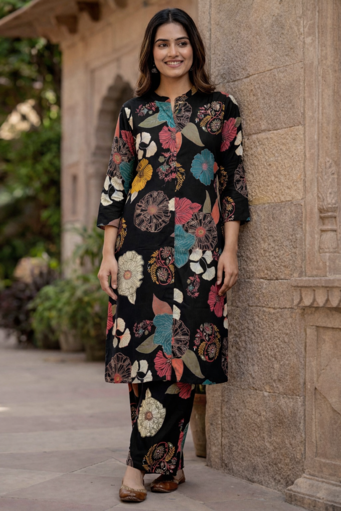 GemnovaLuxe black floral printed rayon kurti with semi plazo set for women premium ethnic suit set