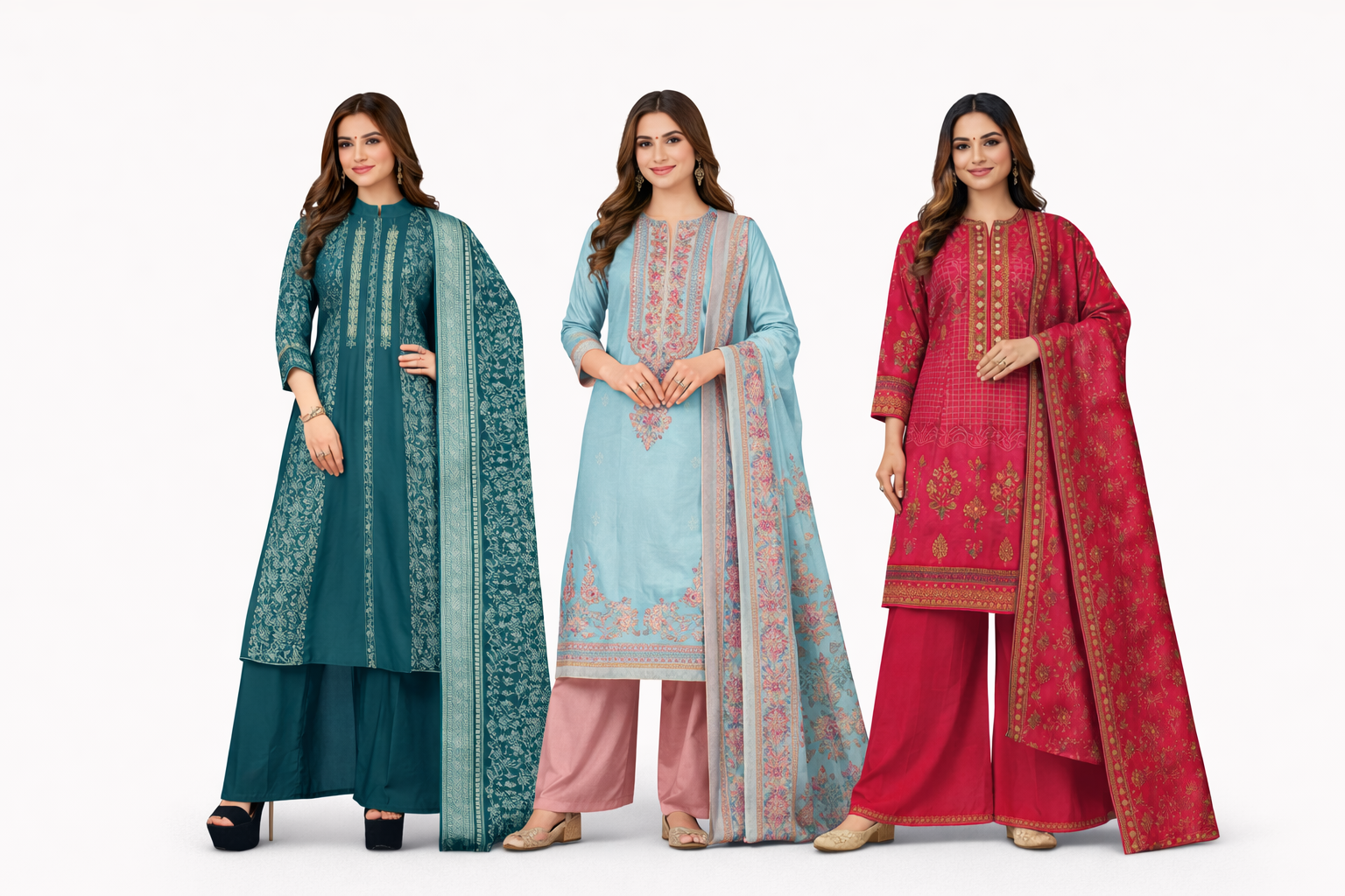 Three Indian women wearing elegant traditional salwar kameez dresses in teal, light blue, and red, standing together on a white background.