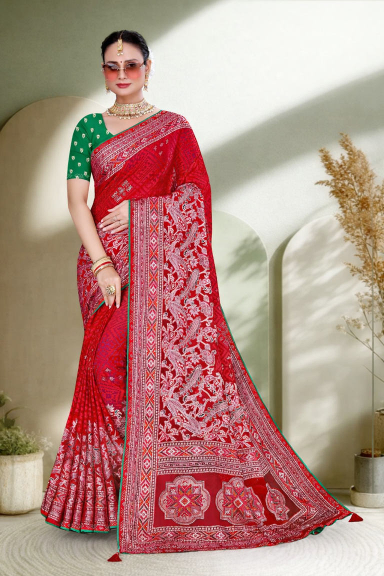 elegant in red traditional jaypuri saree