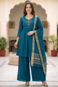 gemnovaluxe – teal chanderi 3 piece ethnic set