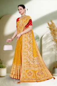 elegant woman in mustard yellow saree